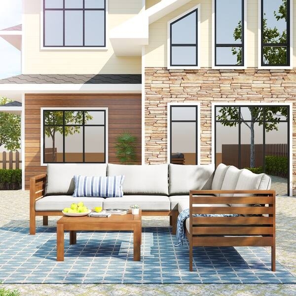 Slatted Wood Frame L-Shaped Outdoor Sectional Sofa, Off-White