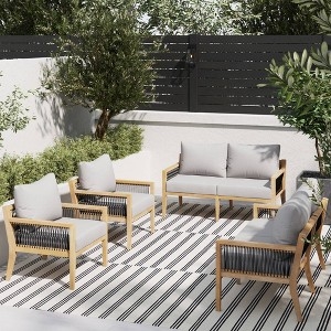 Slatted Wood Outdoor Conversation Set, Light Gray, Bohemian Style