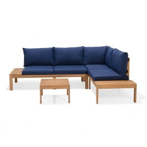 Slatted Wood Patio Conversation Set with Navy Blue Cushions