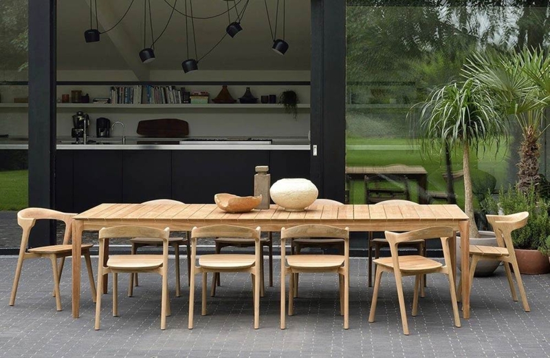 Slatted Wood Patio Table with Sculptural Metal Base Dining Set