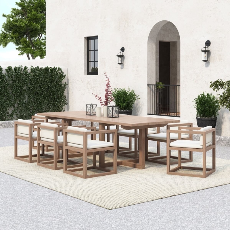 Sleek 9-Piece Outdoor Dining Set Wood Toned Gray Sling Seating