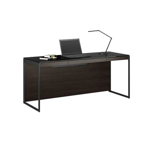 Sleek Modern Desk with Black Glass Top Inlay and Slim Metal Legs