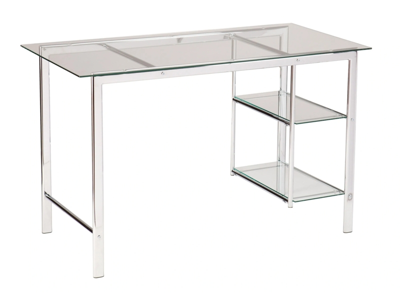 Sleek Writing Desk with Transparent Surface and Polished Metal X-Base