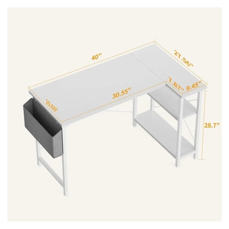 Slim Frame White L-Shaped Desk with Integrated Open Shelving