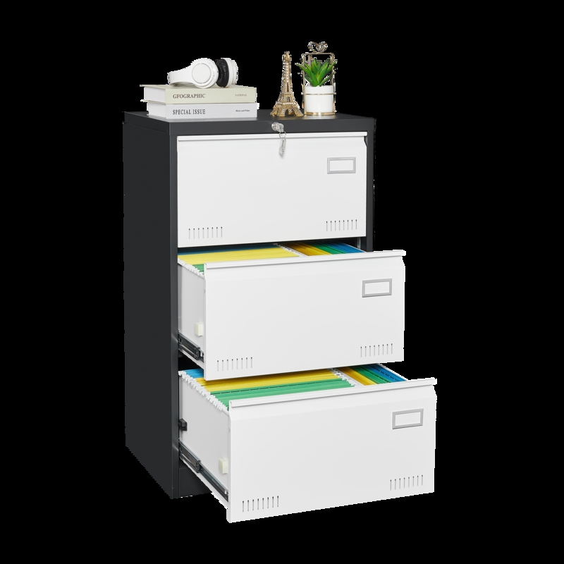 Slim Lateral File Cabinet Black Metal Three Drawer