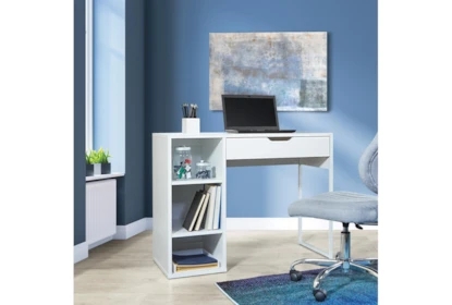 Slim Scandinavian Writing Desk: White with Open Shelving and Tapered Legs