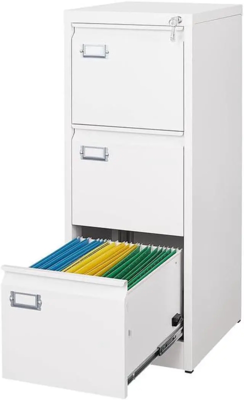 Slim White Filing Cabinet Three Drawers Metal Pull Handles Modern