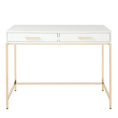 Slim Writing Desk with Brushed Gold X-Frame Legs and Two Drawers