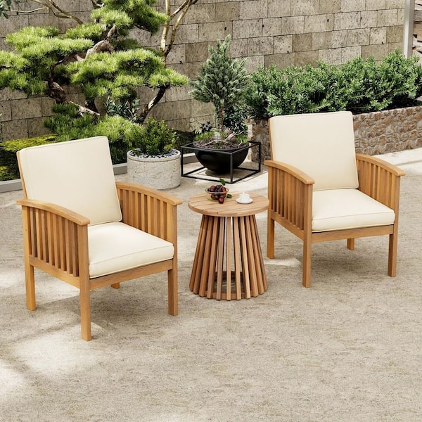 Small 3-Piece Wood Patio Conversation Set with Light Cream Cushions