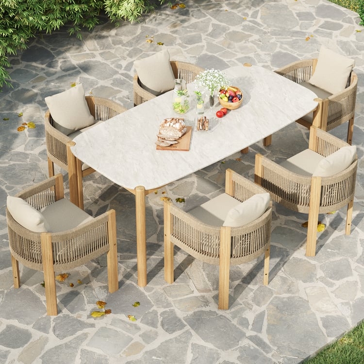 Small Balcony Dining Set Woven Tub Chairs Stone Like Top