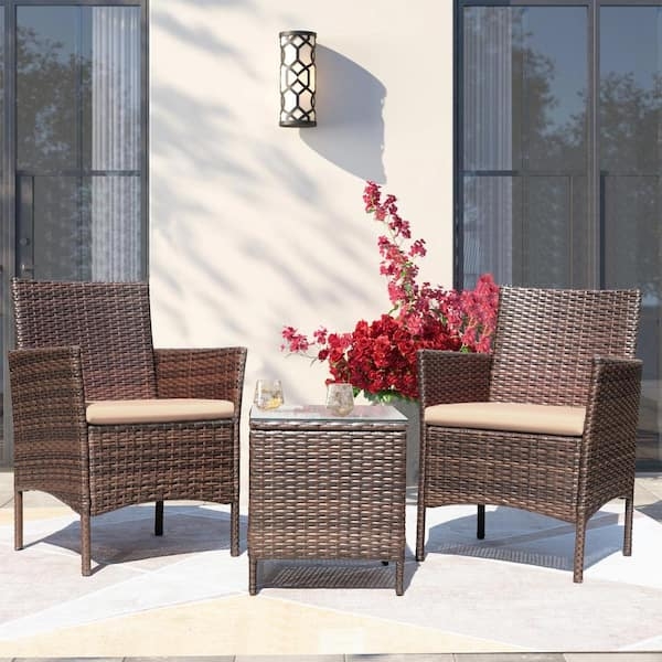 Small Space Patio Conversation Set 3-Piece Woven Wicker Glass Top
