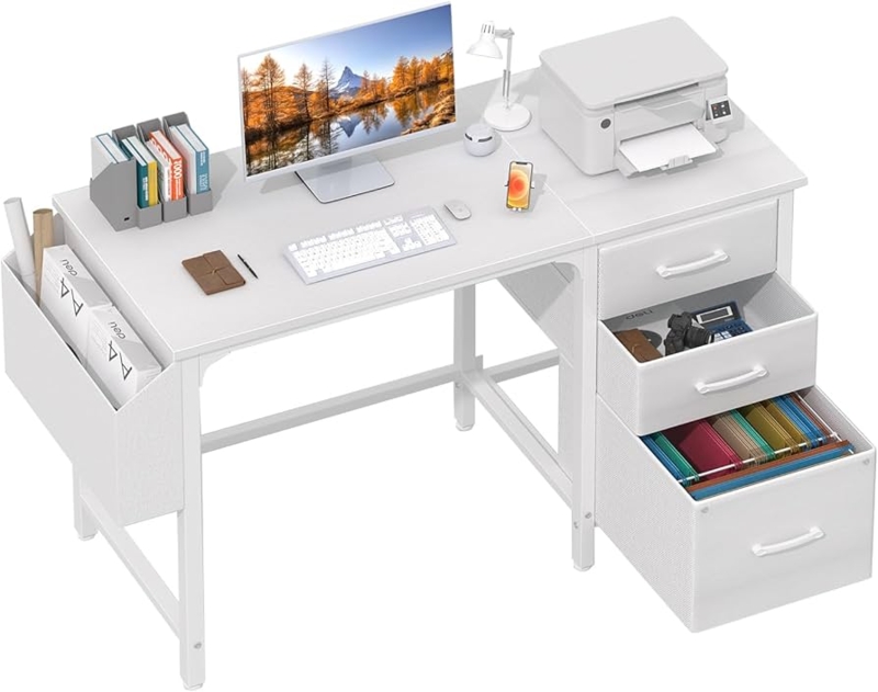 Small White Computer Desk With Side Cabinet And Fabric Drawers