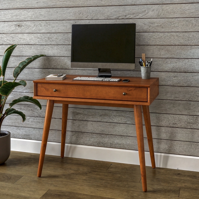 Small Writing Desk Warm Brown Wood Toned Center Drawer