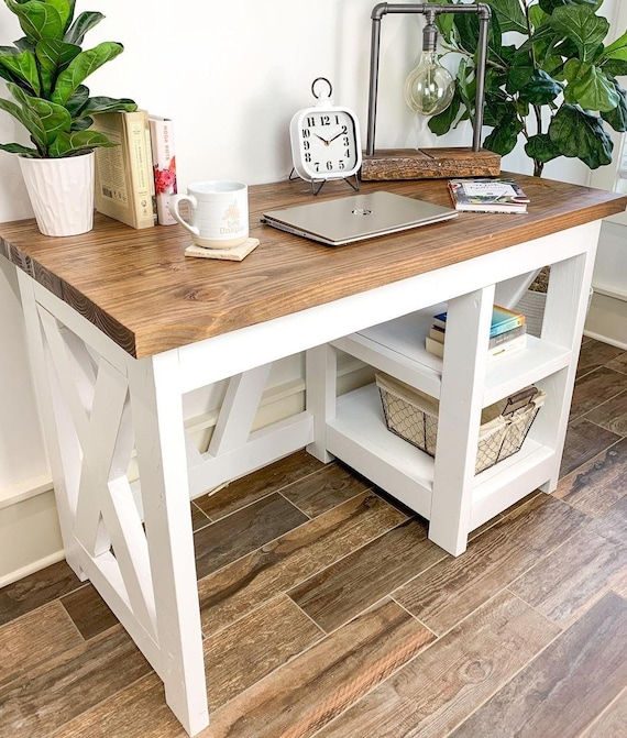 Solid Wood Desk with Shelves, Rustic X-Frame Legs