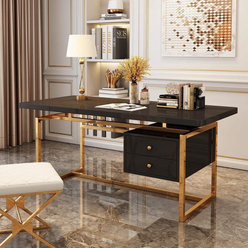 Sophisticated Writing Desk with Two Drawers and Gold Sawhorse Legs