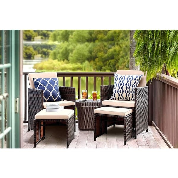 Space Saving Patio Conversation Set Woven Wicker Tuck Under Ottomans