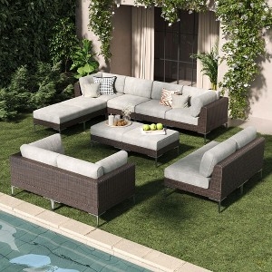 Spacious Backyard Lounging Area, Large Modular Grey Wicker Sectional Set