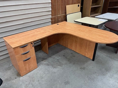 Spacious L-Shape Desk with Honey Finish and Integrated Pedestal Drawers