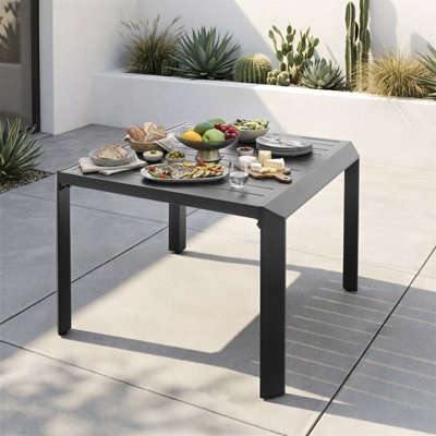 Square Patio Dining Table, Matte Black Slatted Metal, Umbrella Hole.