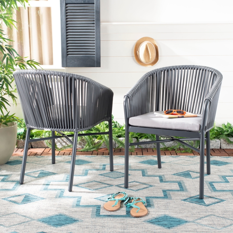 Stackable Grey Rope Dining Chairs with Slim Black Frame & Woven Back