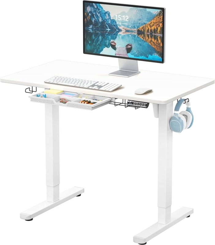 Standing Desk All-White Finish Integrated Drawer Minimalist Setup