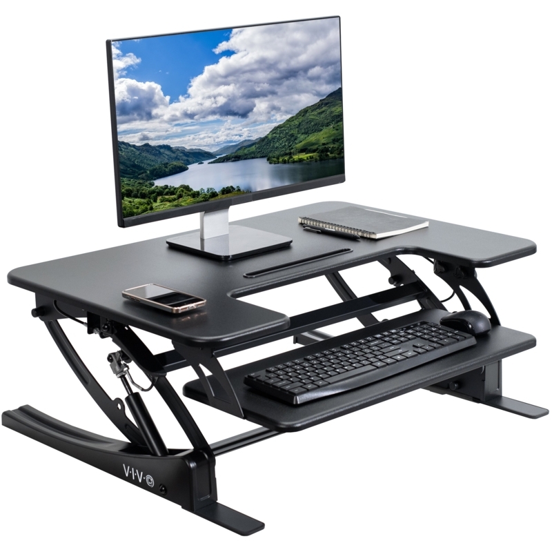 Standing Desk Converter Gray Finish Two-Tier X-Frame Base Riser