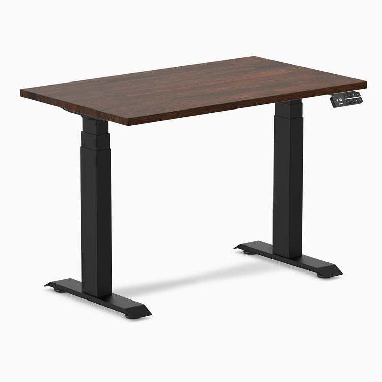 Standing Desk Dark Walnut Finish Gray Metal Frame Compact Size