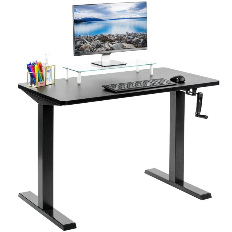 Standing Desk Dark Wood Top Manual Crank T-Frame Legs