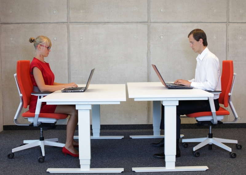 Standing Desk Light Oak Top with Felt Privacy Panel and Dual Monitors