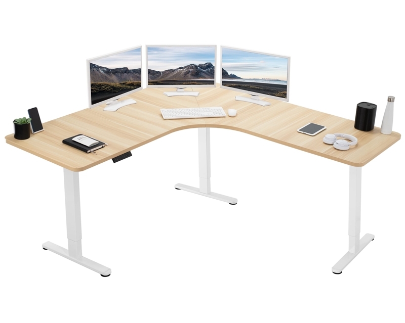 Standing Desk Light Wood L-Shaped Motorized Frame Curved Corner