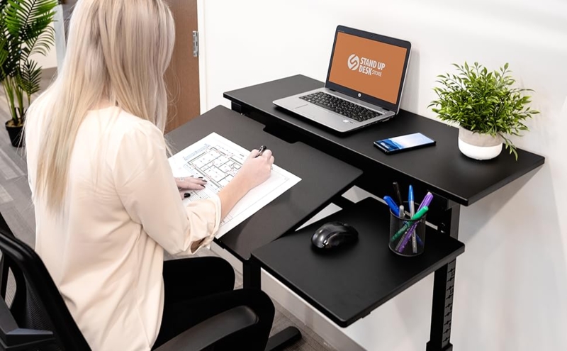 Standing Desk Locking Casters Split Level Manual Crank Monitor Shelf