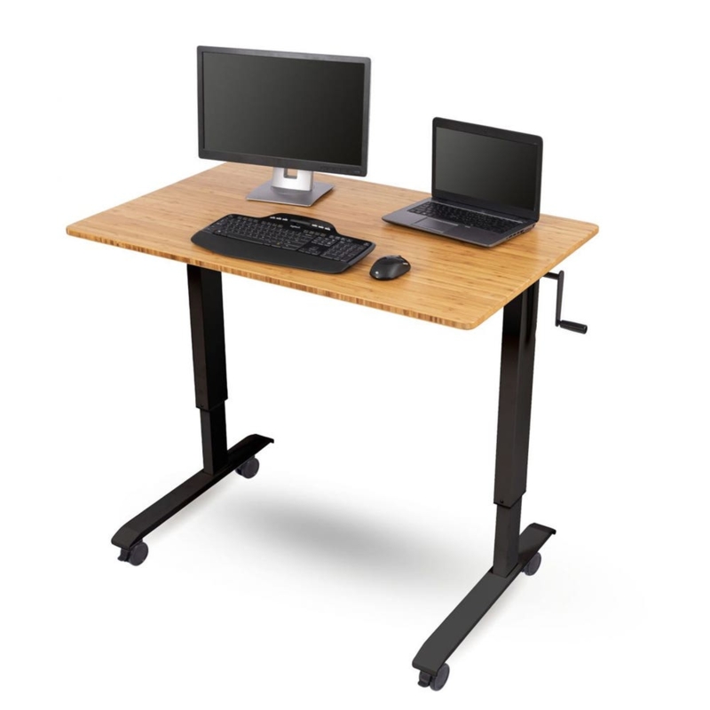 Standing Desk Manual Crank Two Tier Wood Toned Black Metal Frame