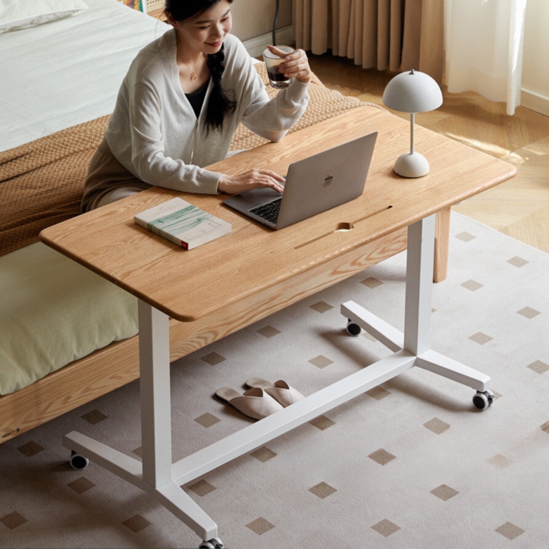 Standing Desk Mobile Base Locking Casters White Pedestal Natural Wood