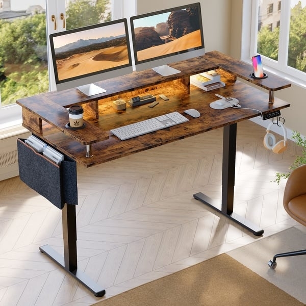 Standing Desk Monitor Stand Storage Pocket Rustic Wood Top Metal Frame