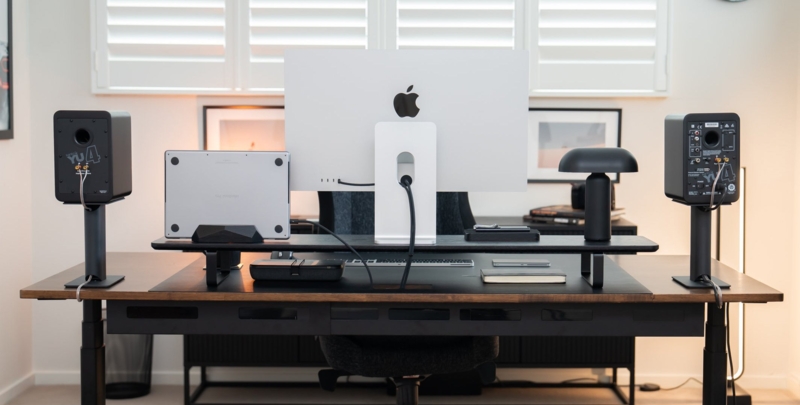 Standing Desk Setup with Ultrawide Monitor and Slatted Wall