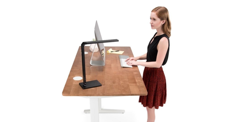 Standing Desk T-Frame Legs Black Metal Grommet Holes Light Brown Wood