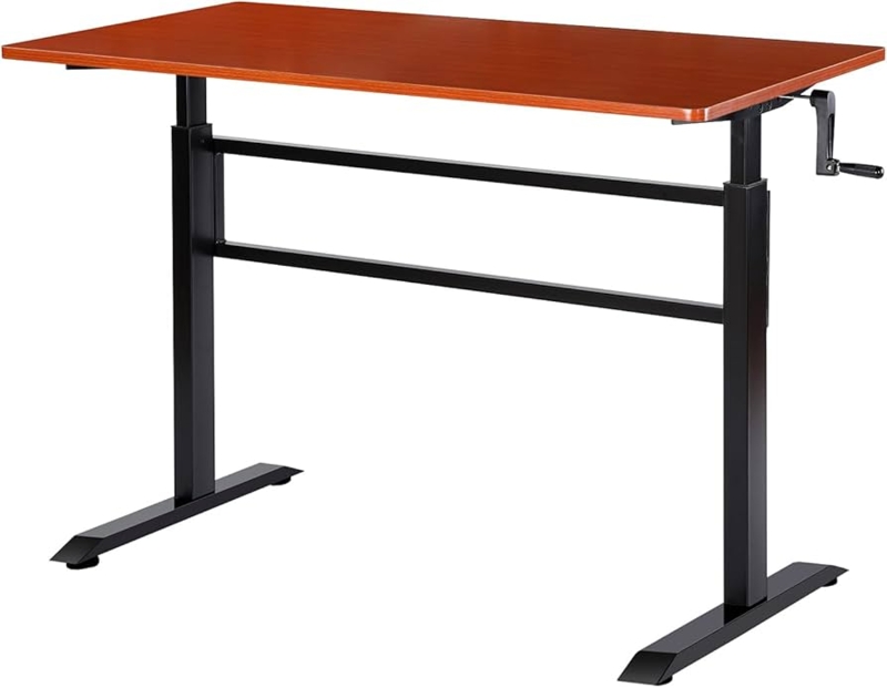 Standing Desk Teak Look Top Manual Crank T-Frame Headphone Hook
