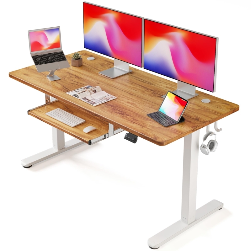 Standing Desk Two Tier Surface Integrated Keyboard Tray Rustic Wood