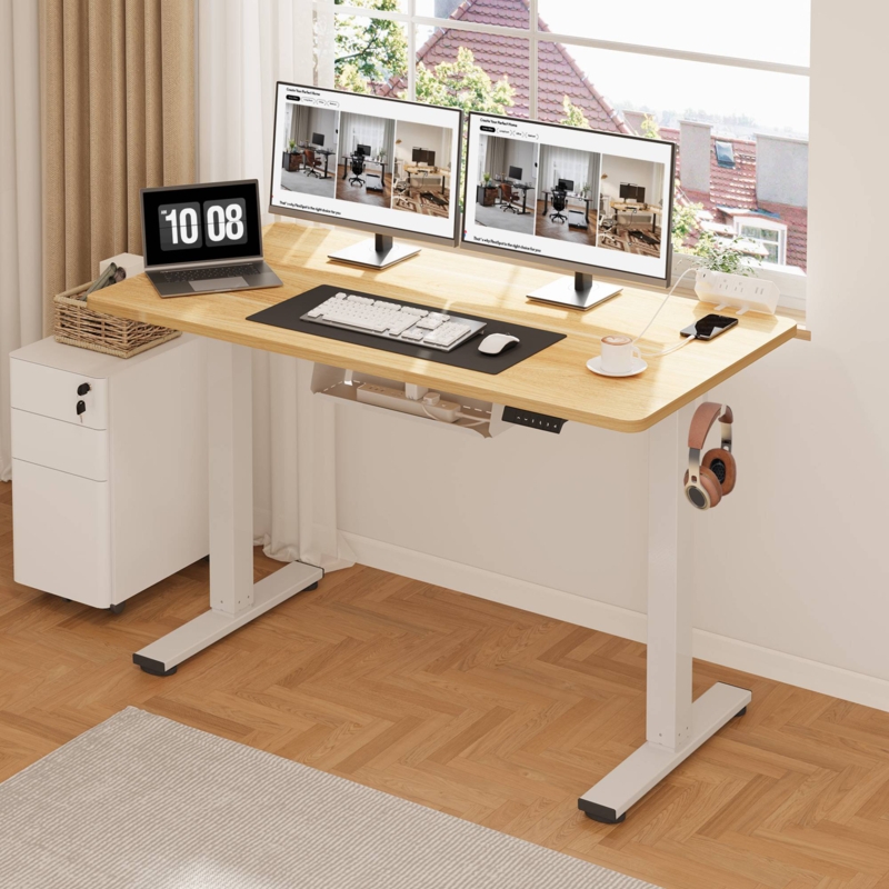 Standing Desk Two-Tone Top White Metal Frame Height Adjustable