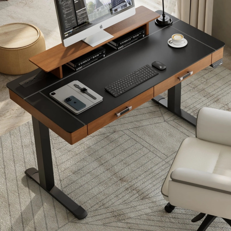 Standing Desk Walnut Brown with Black Leather-Like Inlay Feature