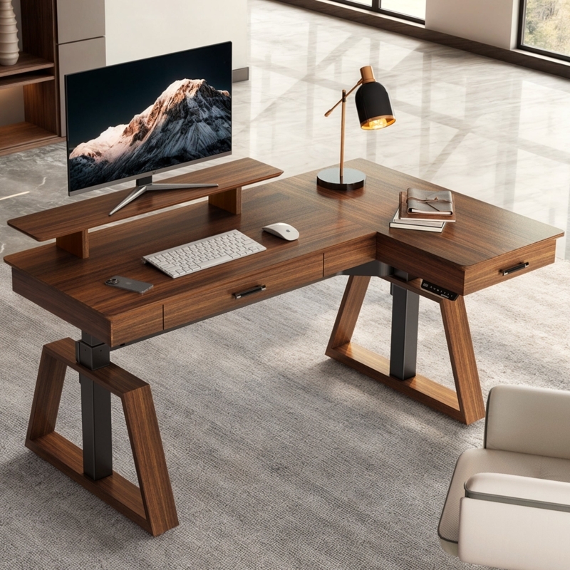 Standing Desk Walnut Finish L-Shaped with Integrated Drawers
