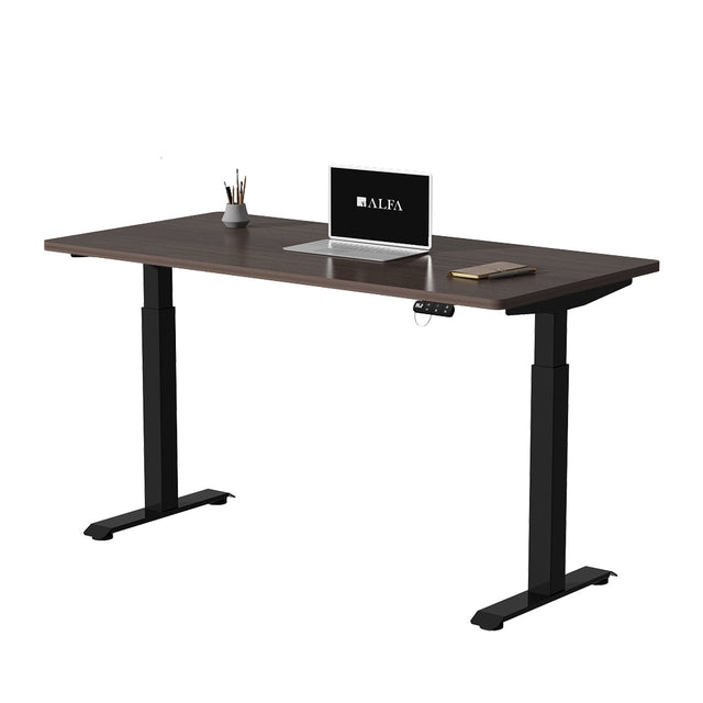 Standing Desk White Motorized Frame Wood Toned Top Bright Office