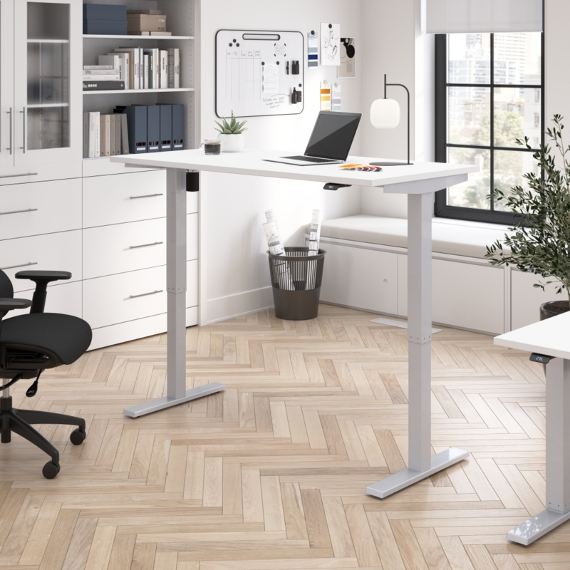 Standing Desk White T-Frame Light Wood Top Electric Adjustable
