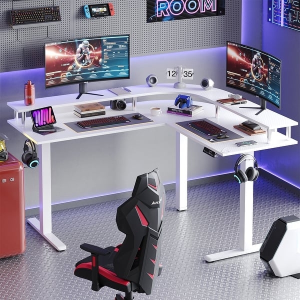 Standing Desk with Carbon Fiber Top. Electric adjustable corner desk.