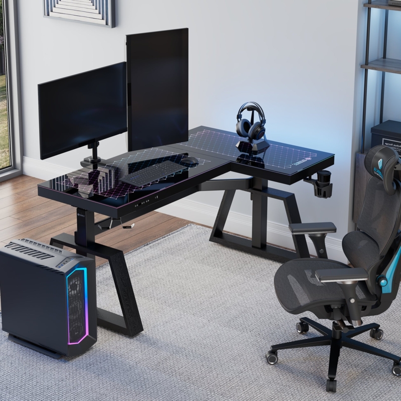 Standing Desk with Glass Top and RGB. L-shaped glass gaming desk setup.