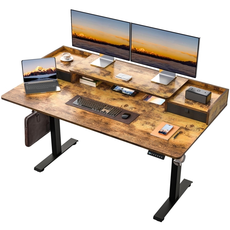 Standing Desk with Integrated Drawers and Rustic Brown Finish