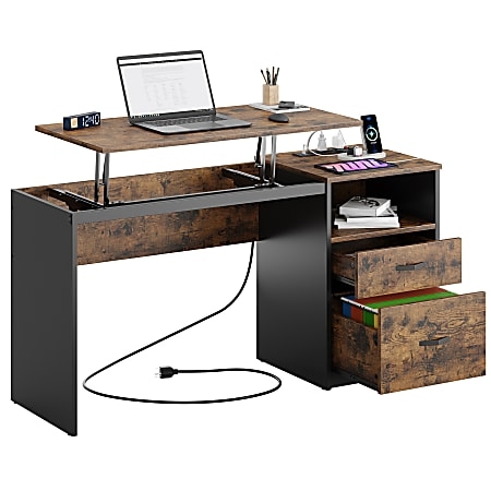 Standing Desk with Lift Top, Built-In Outlets, and File Drawer