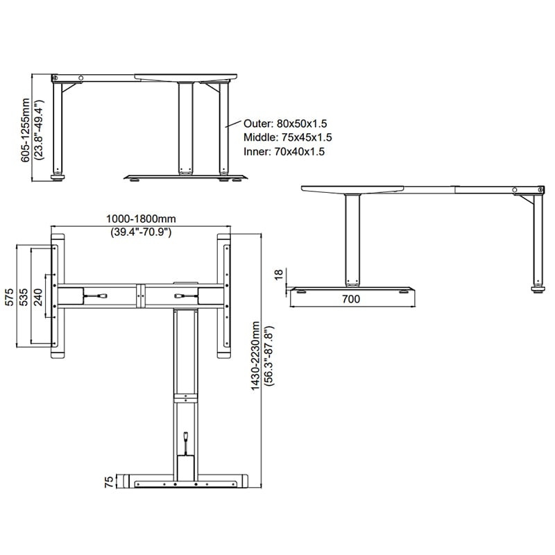 Standing Desk with Motorized L-Shaped Base and Triple Legs