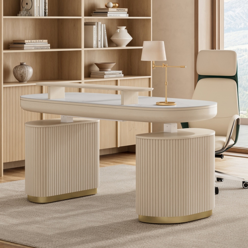 Standing Desk with Oval Top, Integrated Drawers, and LED
