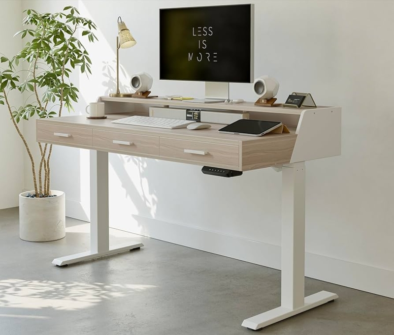Standing Desk with Walnut Top, Monitor Shelf, and Drawers